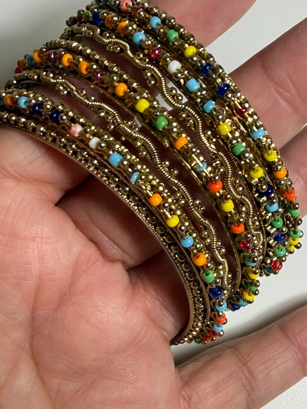 Set of Colorful Beaded Gold Tone Bangles Bracelets